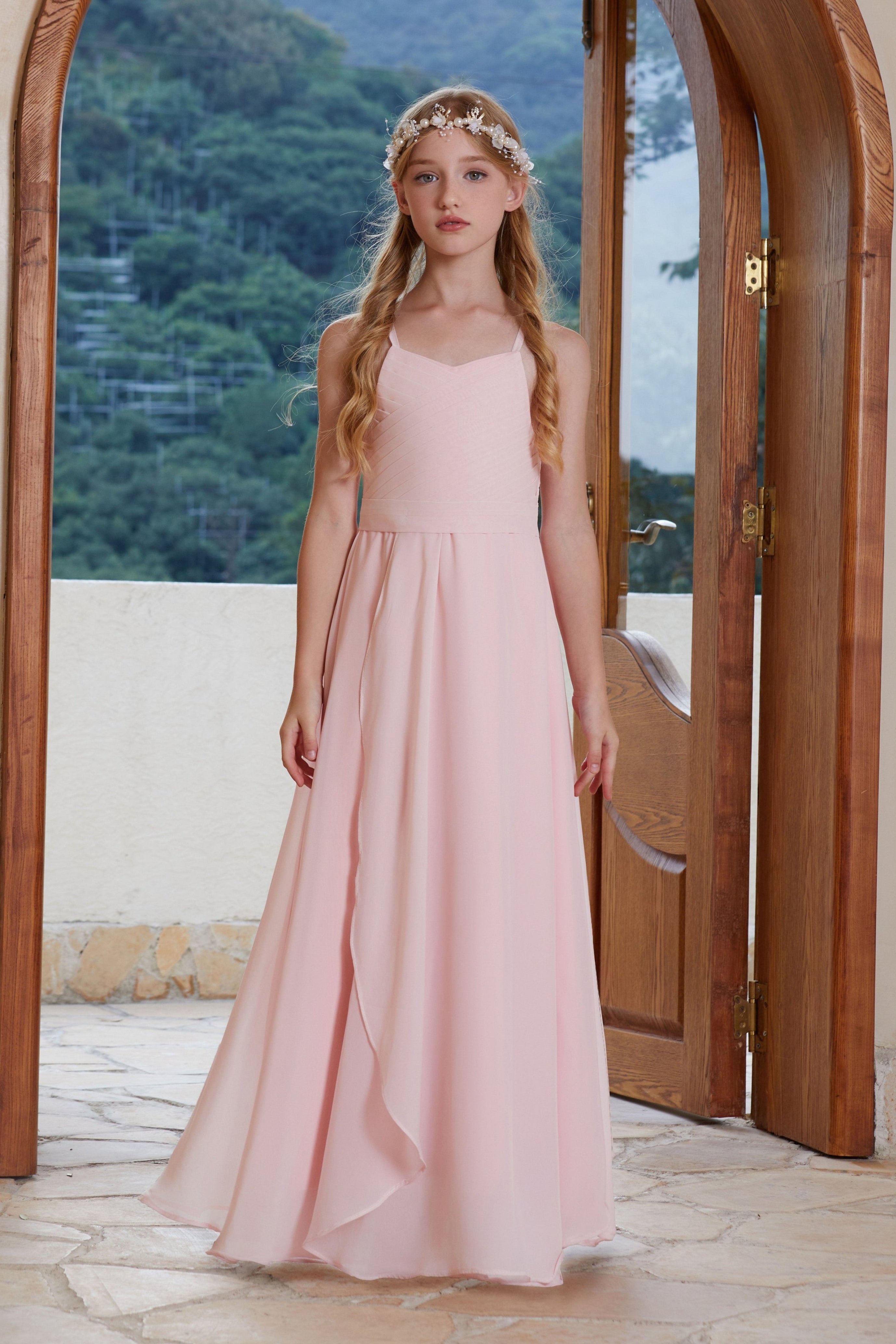 Pink V-neck Ruffle Chiffon Flower Girl Dress