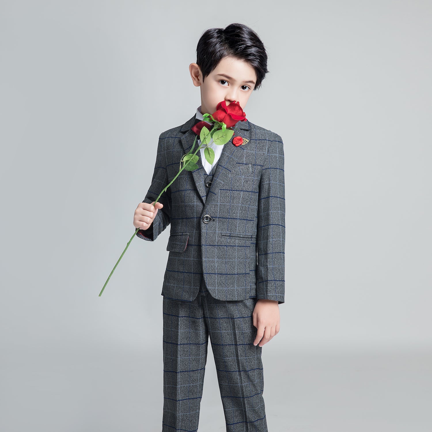 Dark Gray Plaid Fashion 5 Piece Boys Suits