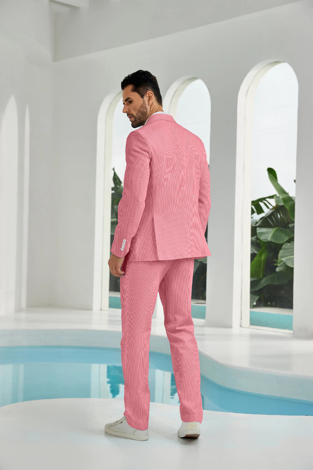 Seersucker Double Breasted Blazer Pants 2 Piece Men's Summer Suit