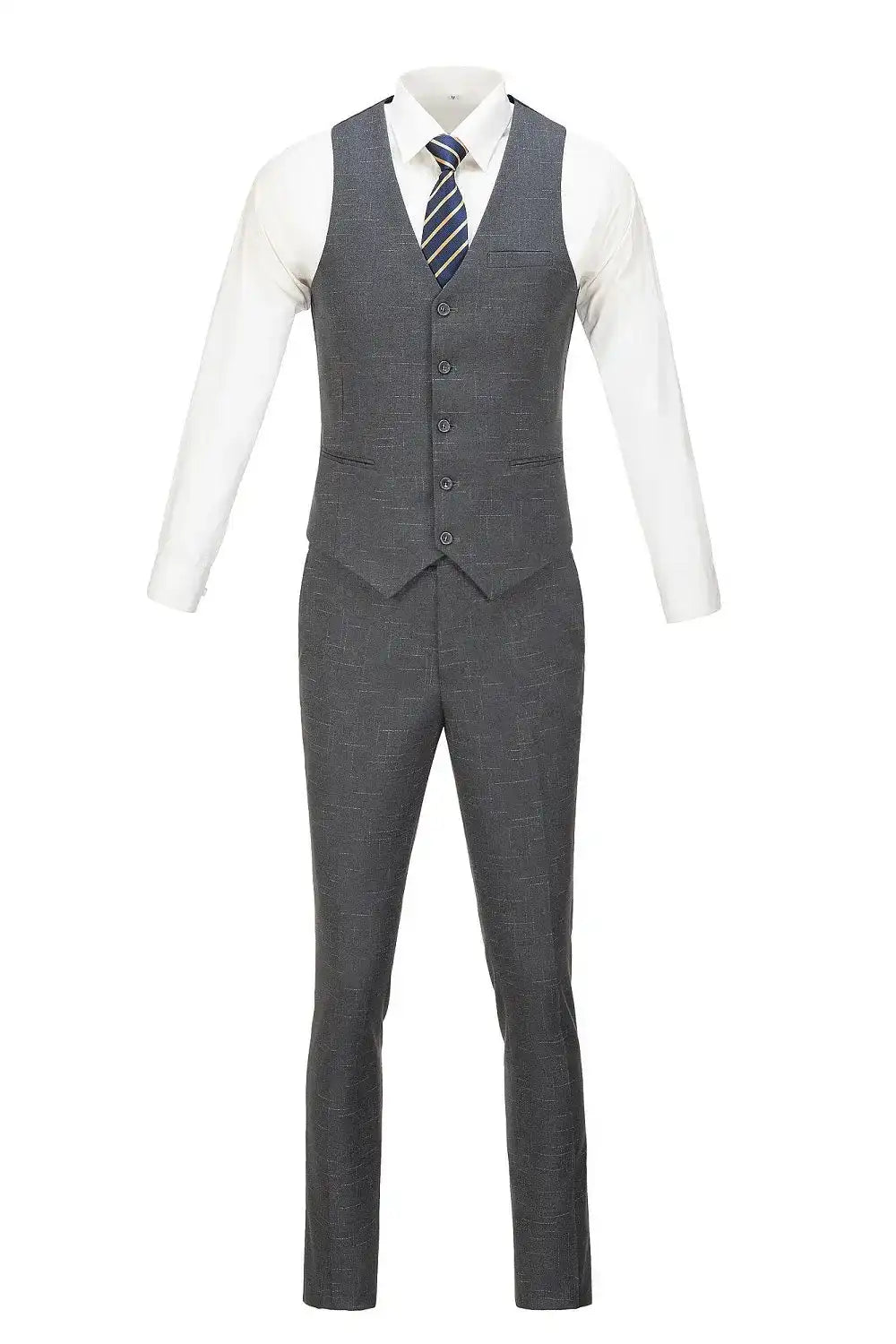 Formal grey grid plaid suit with vest – sleeveless 3 piece ensemble