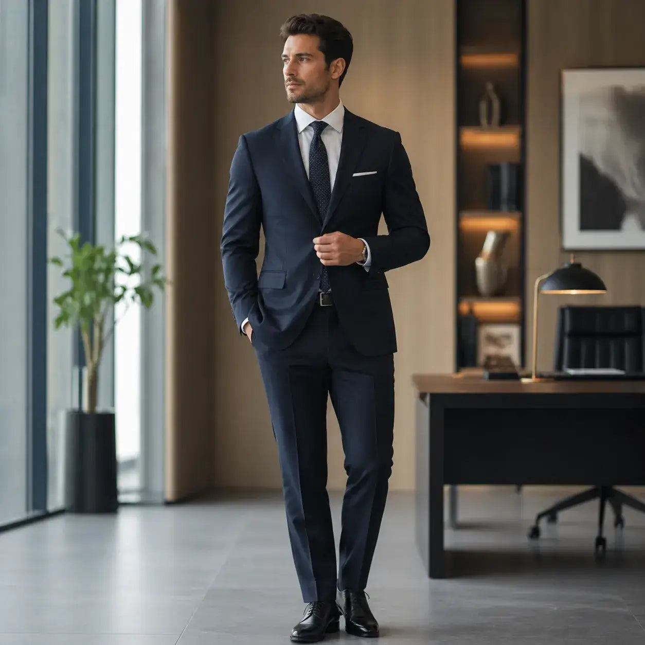 Man wearing a navy two-piece suit in a modern office setting, suitable for business and office wear.