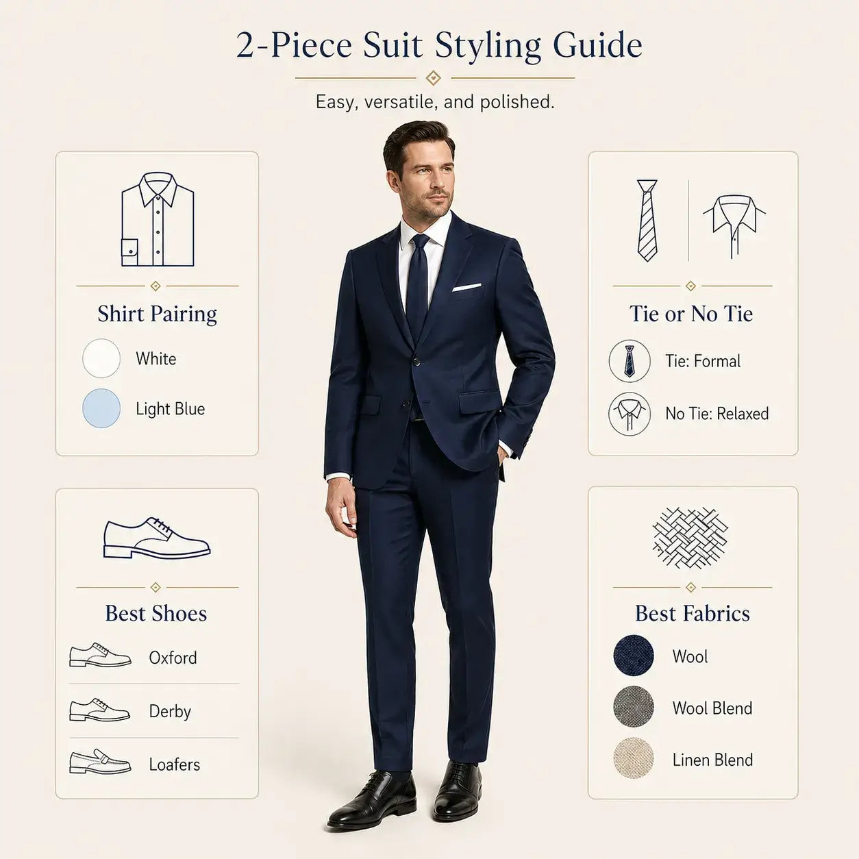 2 piece suit styling guide showing shirt pairing, tie or no tie, best shoes, and best fabrics.