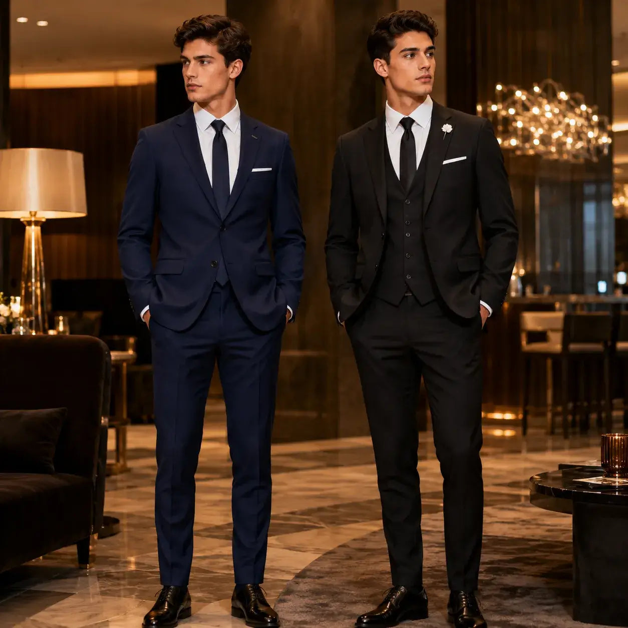 Two men wearing a navy 2 piece prom suit and a black 3 piece prom suit in an upscale indoor lounge.
