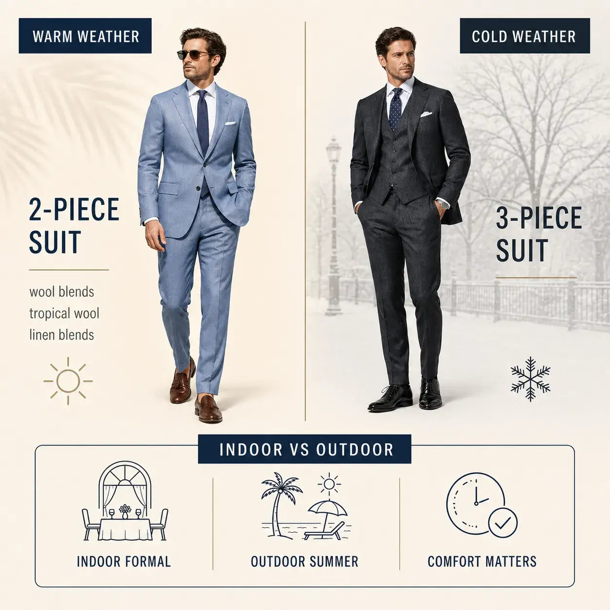 Comparison of a two-piece suit for warm weather and a three-piece suit for cold weather.