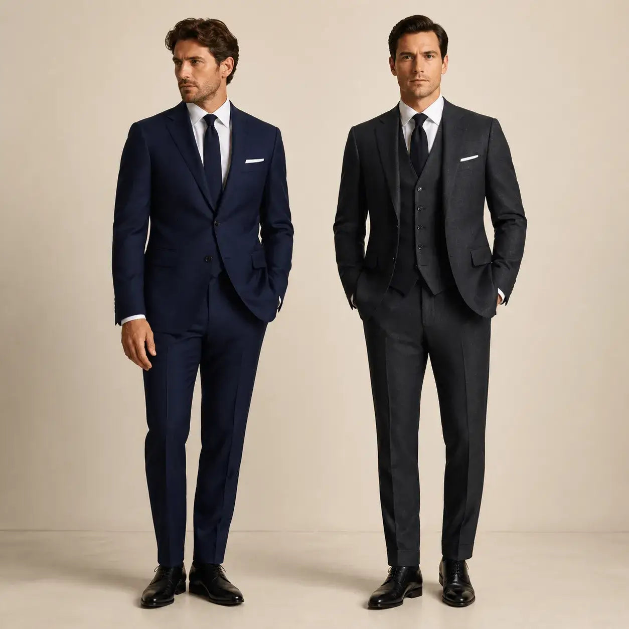 Side-by-side comparison of a two-piece suit and a three-piece suit in a modern menswear studio setting.