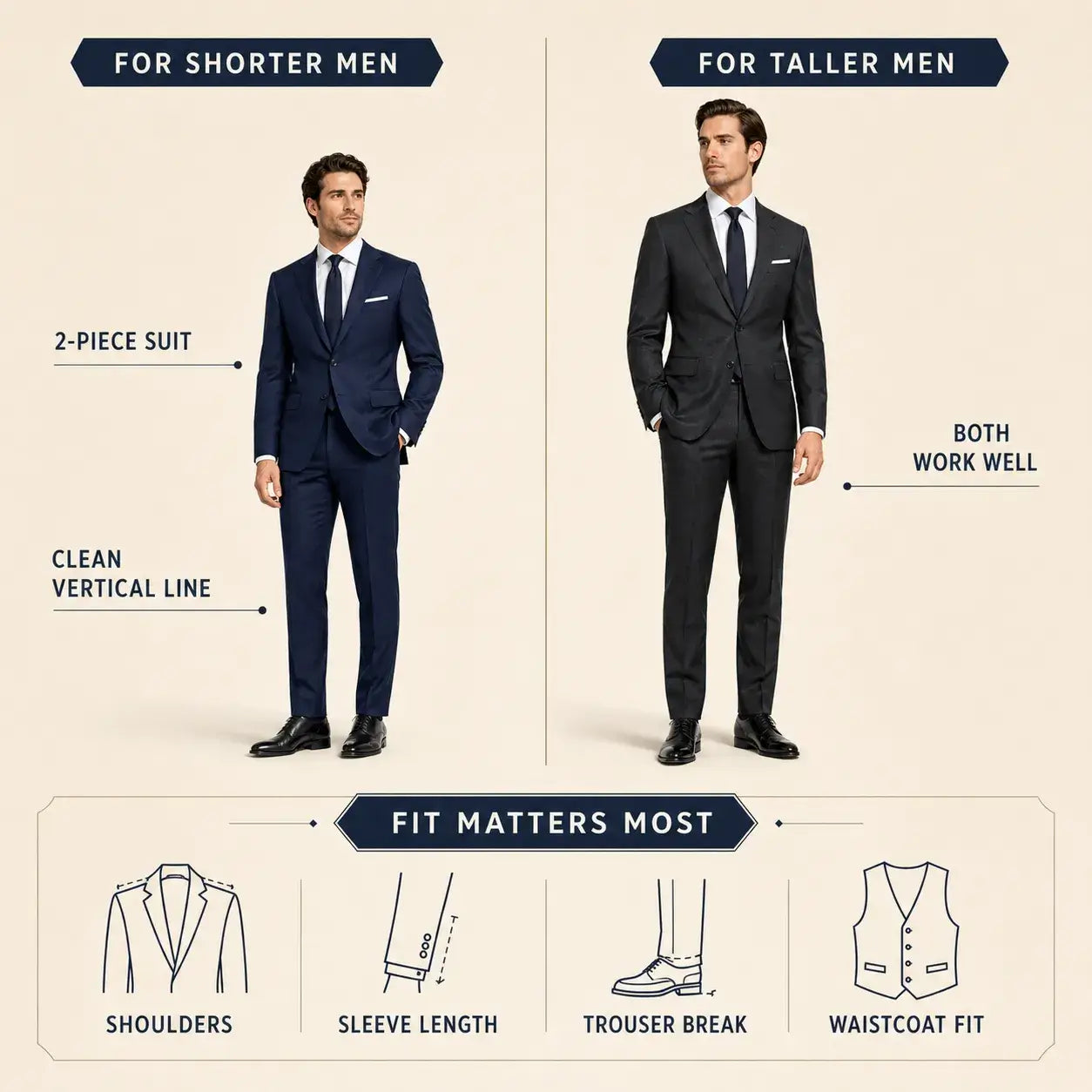 Comparison of how a two-piece suit and a three-piece suit work for shorter and taller men, showing that fit matters most.