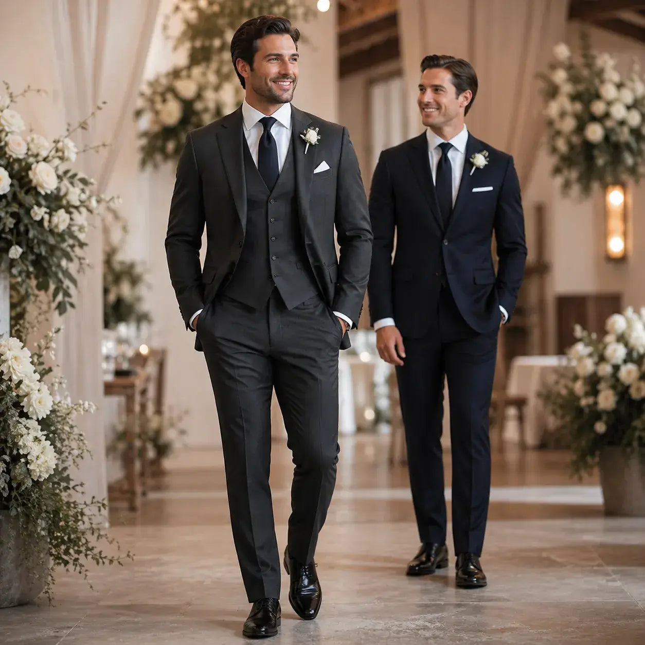 Two men in tailored suits at a wedding, one wearing a three-piece suit and the other wearing a two-piece suit.