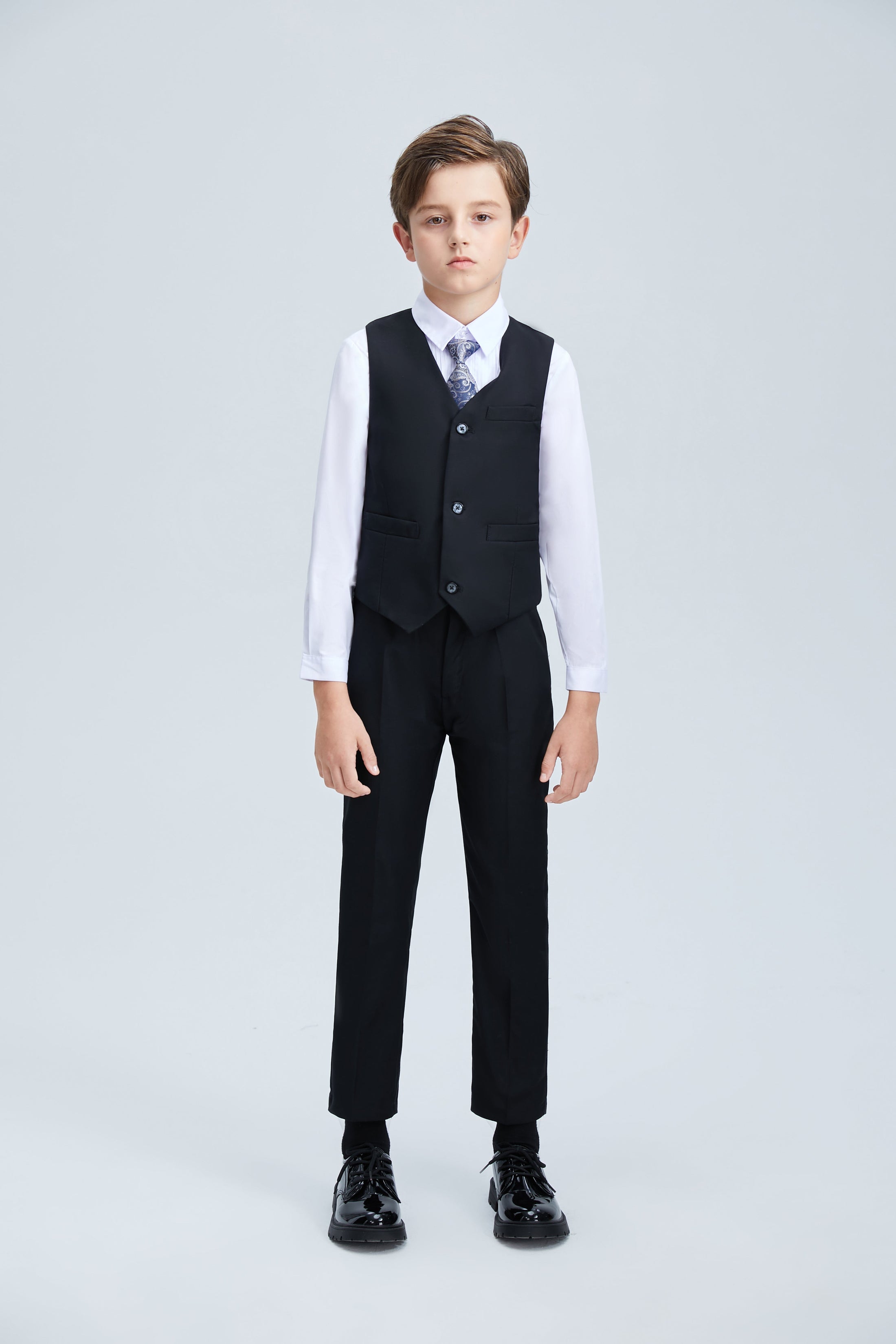 Black Fit Slim 4 Piece Boy's Formal Suits With Vest+Pants+Shirt+Tie