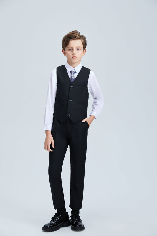 Black Fit Slim 4 Piece Boy's Formal Suits With Vest+Pants+Shirt+Tie