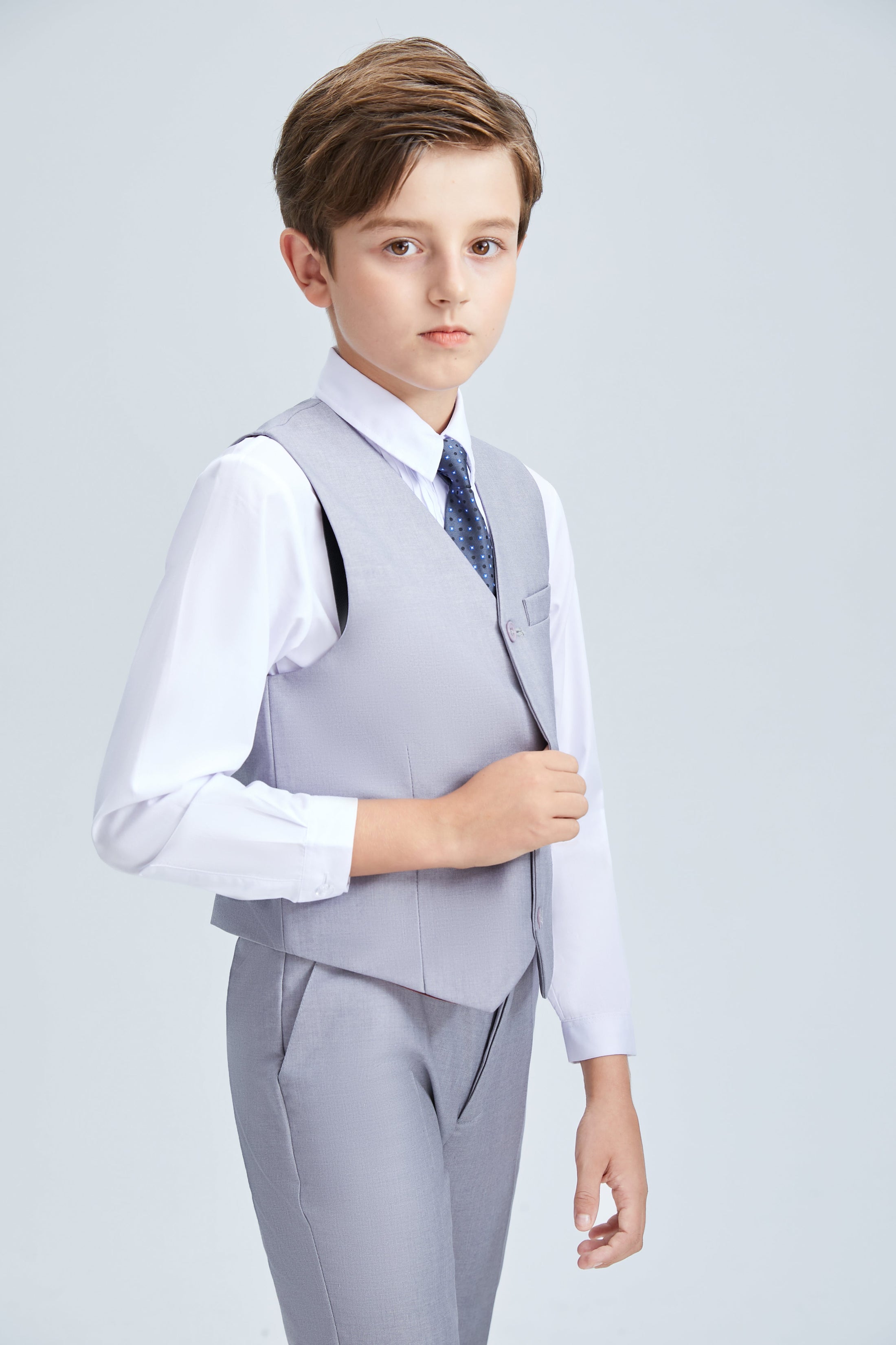 Light Grey Classic 4 Piece Boy's Formal Suits With Vest+Pants+Shirt+Tie