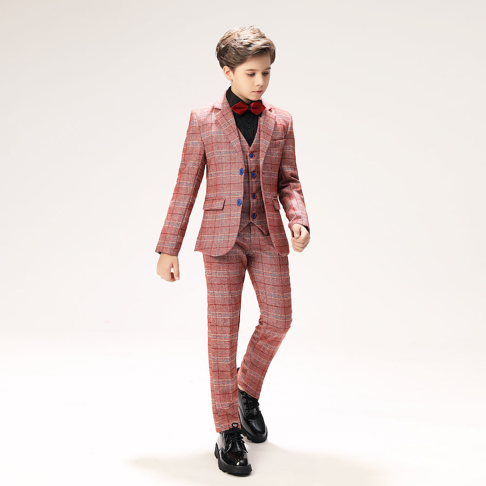 Red Plaid Elegant 5 Piece Boys Suits