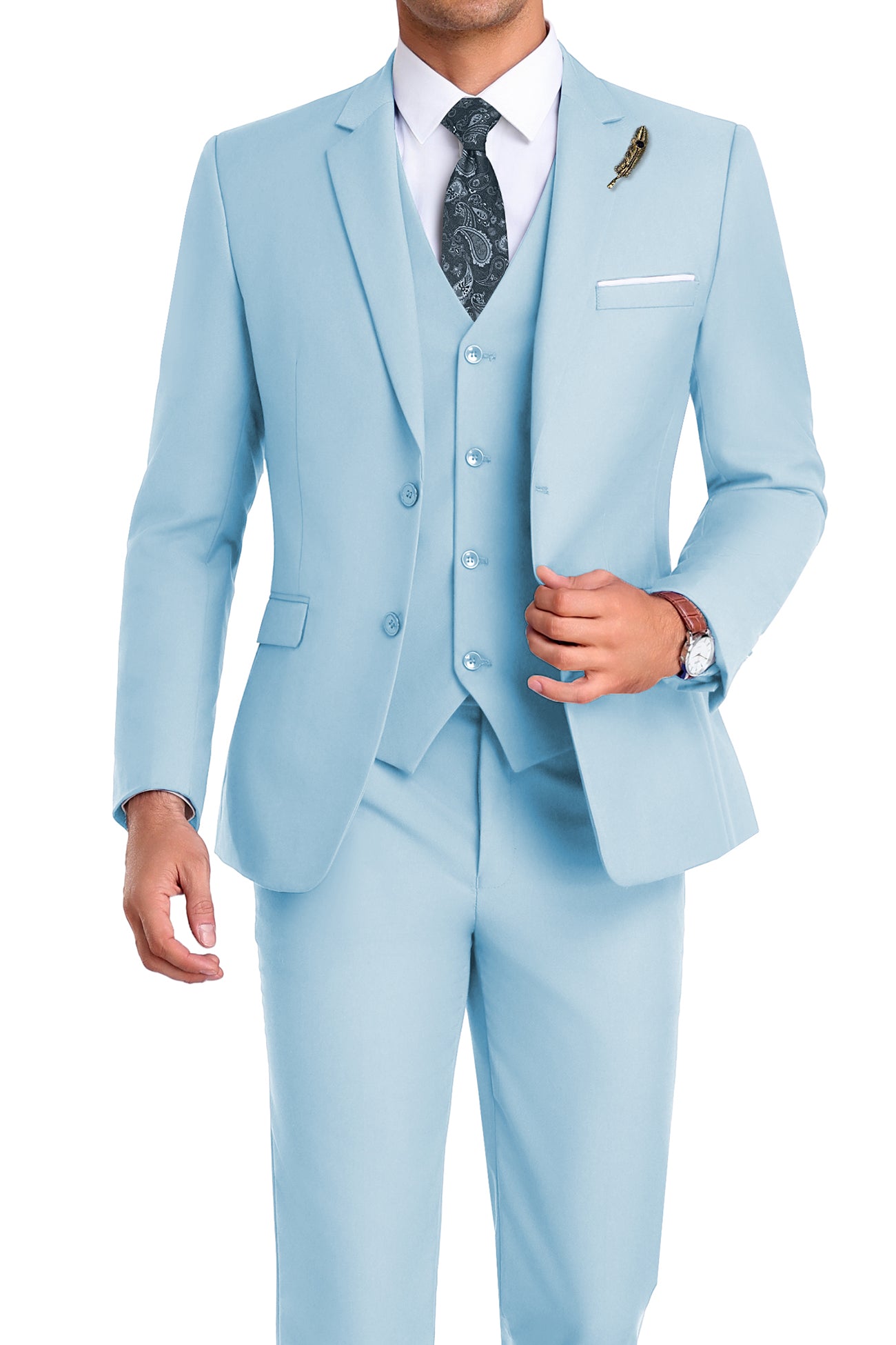 Model in sky blue 3-piece slim fit suit with tie and white shirt, posing front-facing with confident posture