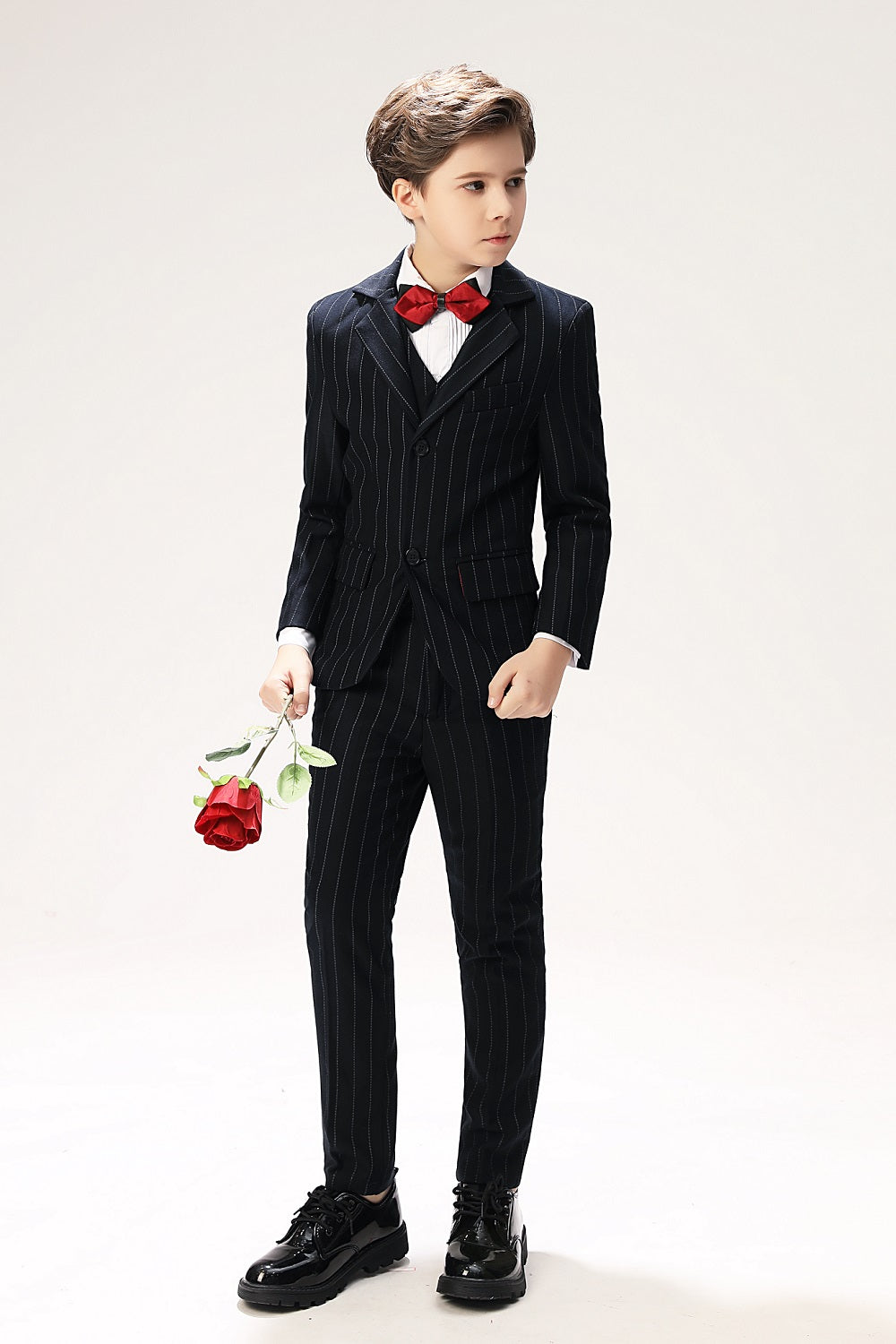 Navy Striped Slim Fit Modern 5 Piece Boy's Formal Suits