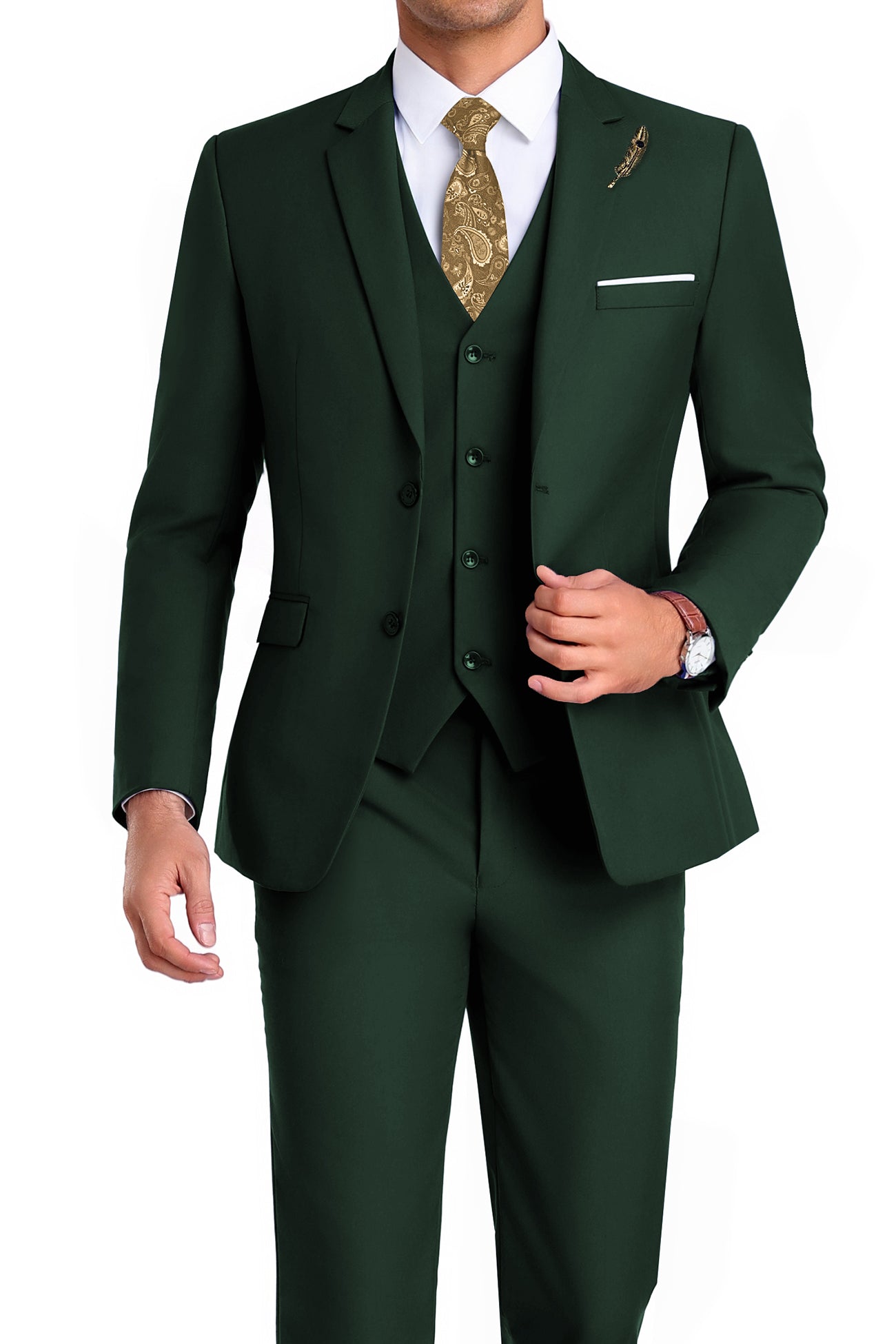 Model in dark green 3-piece slim fit suit with tie and white shirt, posing front-facing with confident posture