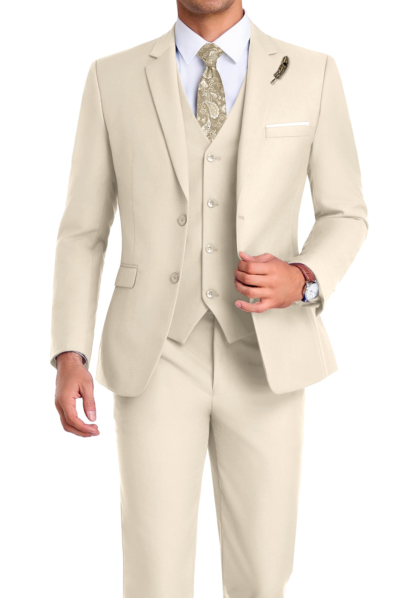 Model in cream 3-piece slim fit suit with tie and white shirt, posing front-facing with confident posture