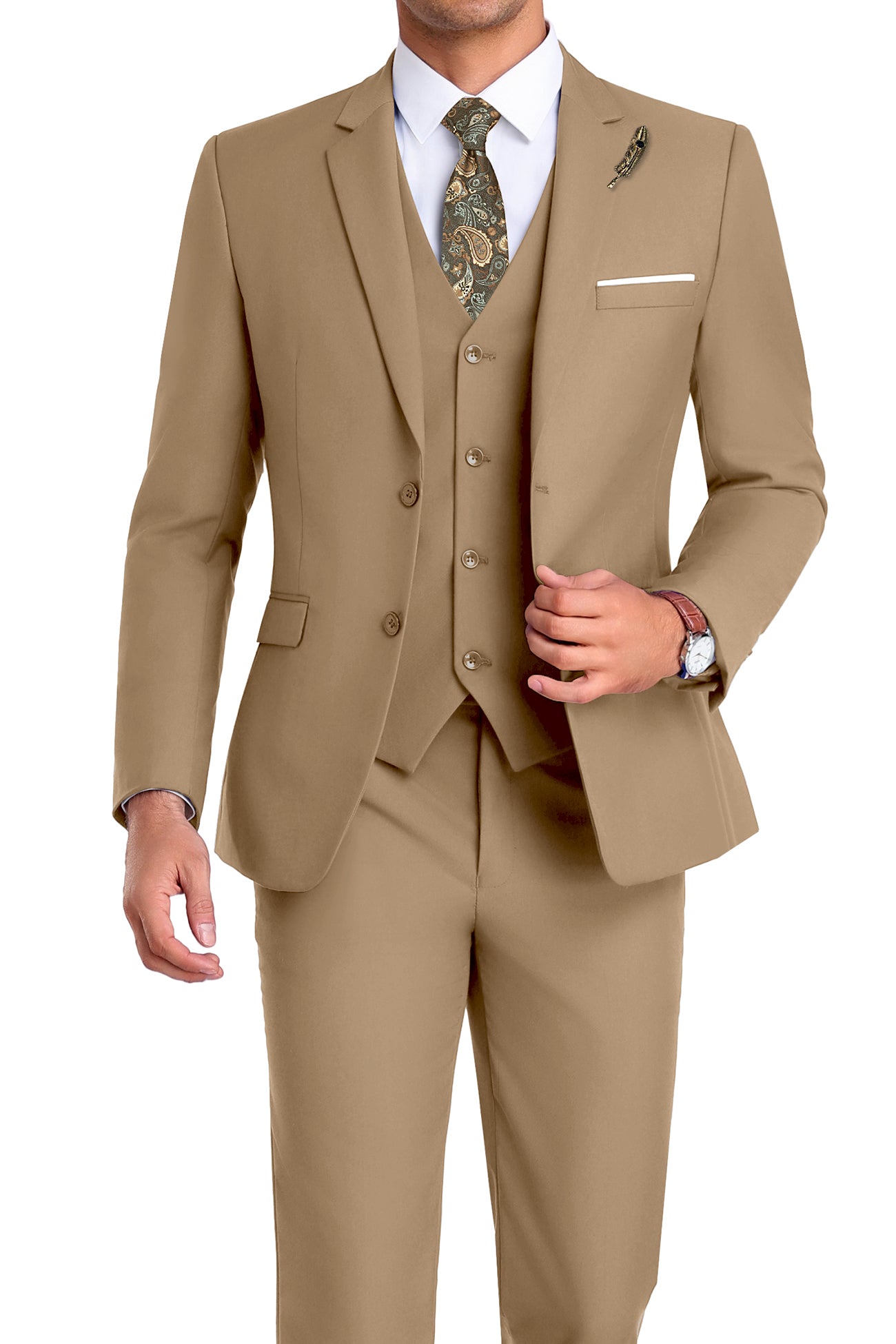 Model in brown 3-piece slim fit suit with tie and white shirt, posing front-facing with confident posture