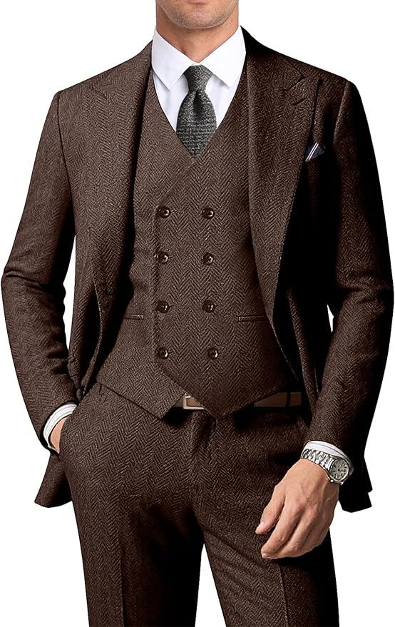 Men's Double Breasted Vest Herringbone 3 Piece Suits