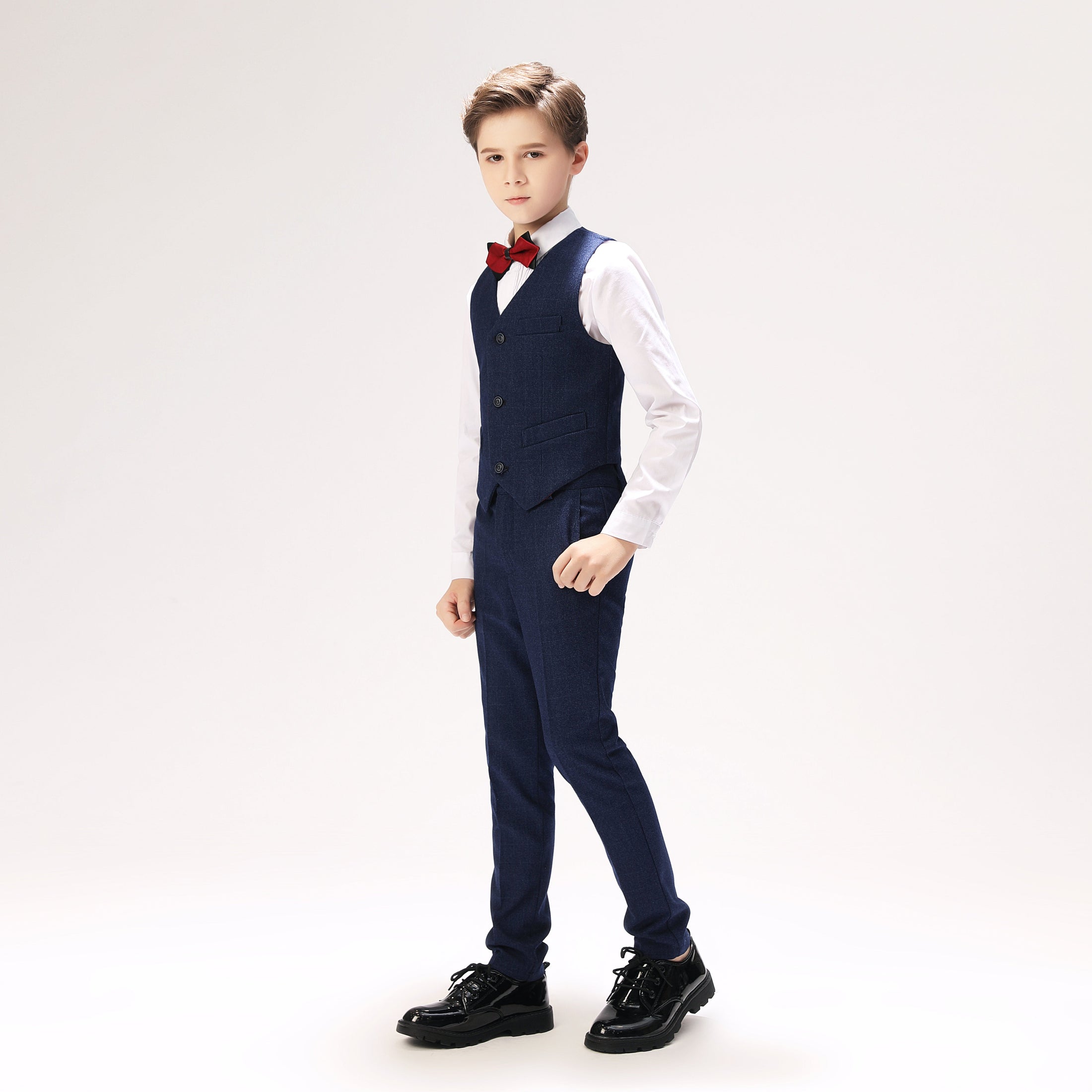 Navy Fit Slim 4 Piece Boy's Formal Suits With Vest+Pants+Shirt+Tie