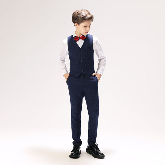 Navy Fit Slim 4 Piece Boy's Formal Suits With Vest+Pants+Shirt+Tie