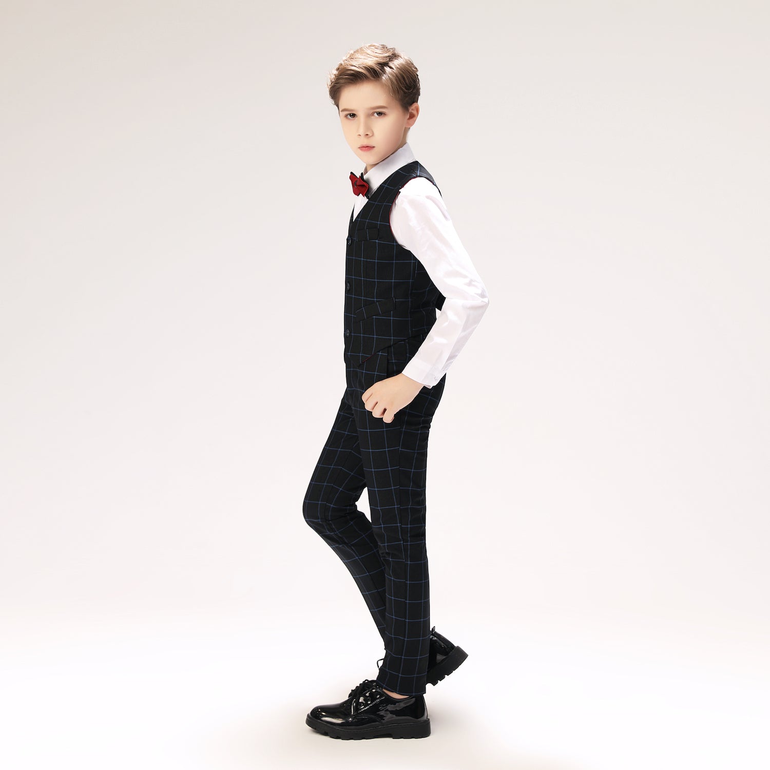 Navy Plaid Elegant 5 Piece Boys Suits