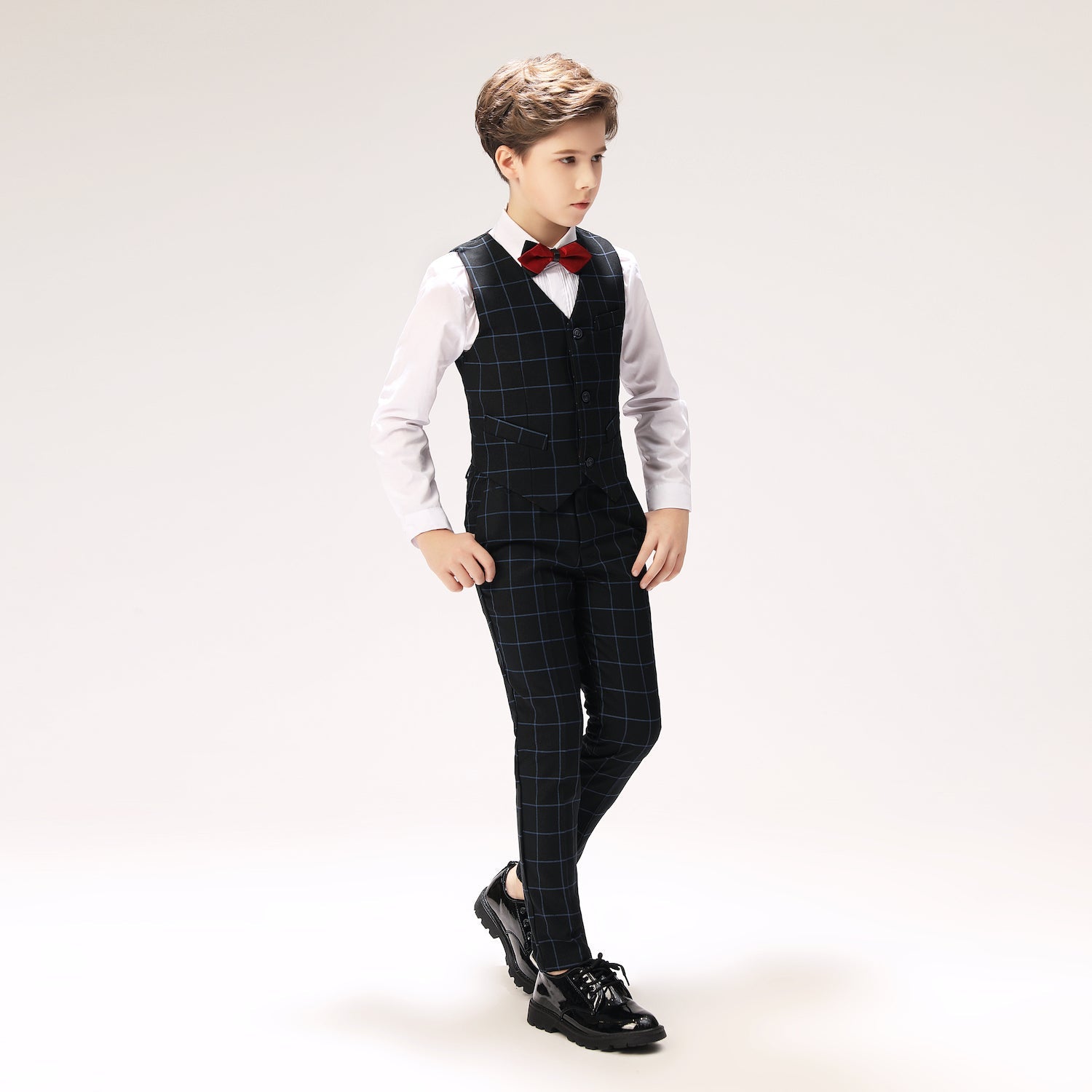 Navy Plaid Elegant 5 Piece Boys Suits