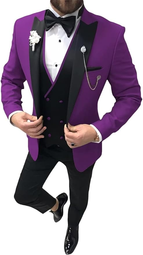 Men's Purple wedding tuxedo 3 piece suit with satin lapel – elegant prom dinner outfit