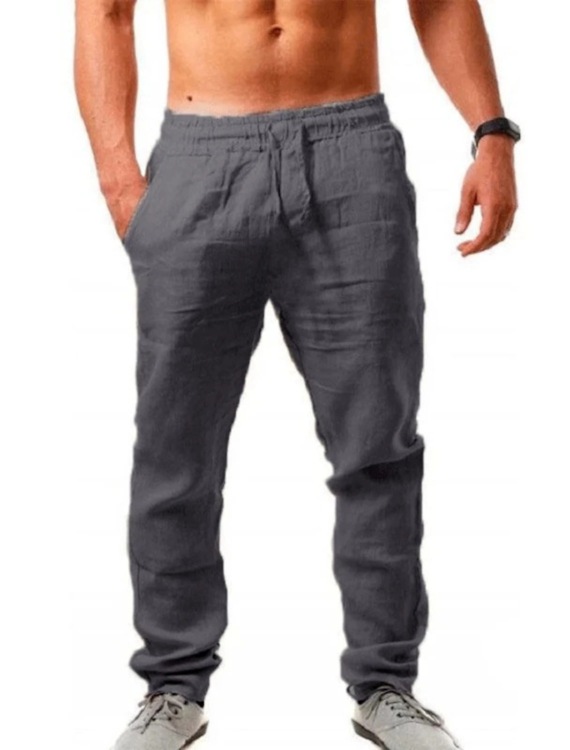 Men's gray linen pants with elastic waistband – comfy fit for beach and leisure wear