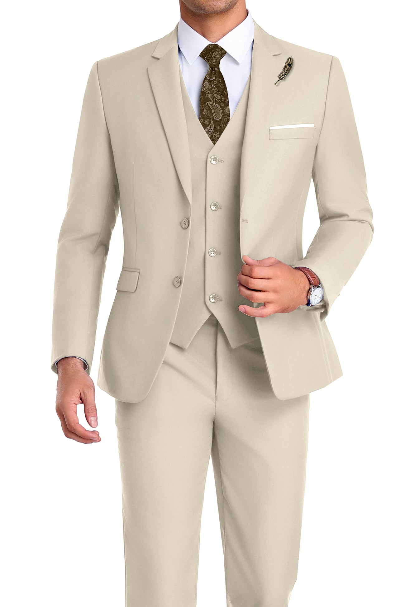 Model in new beige 3-piece slim fit suit with tie and white shirt, posing front-facing with confident posture