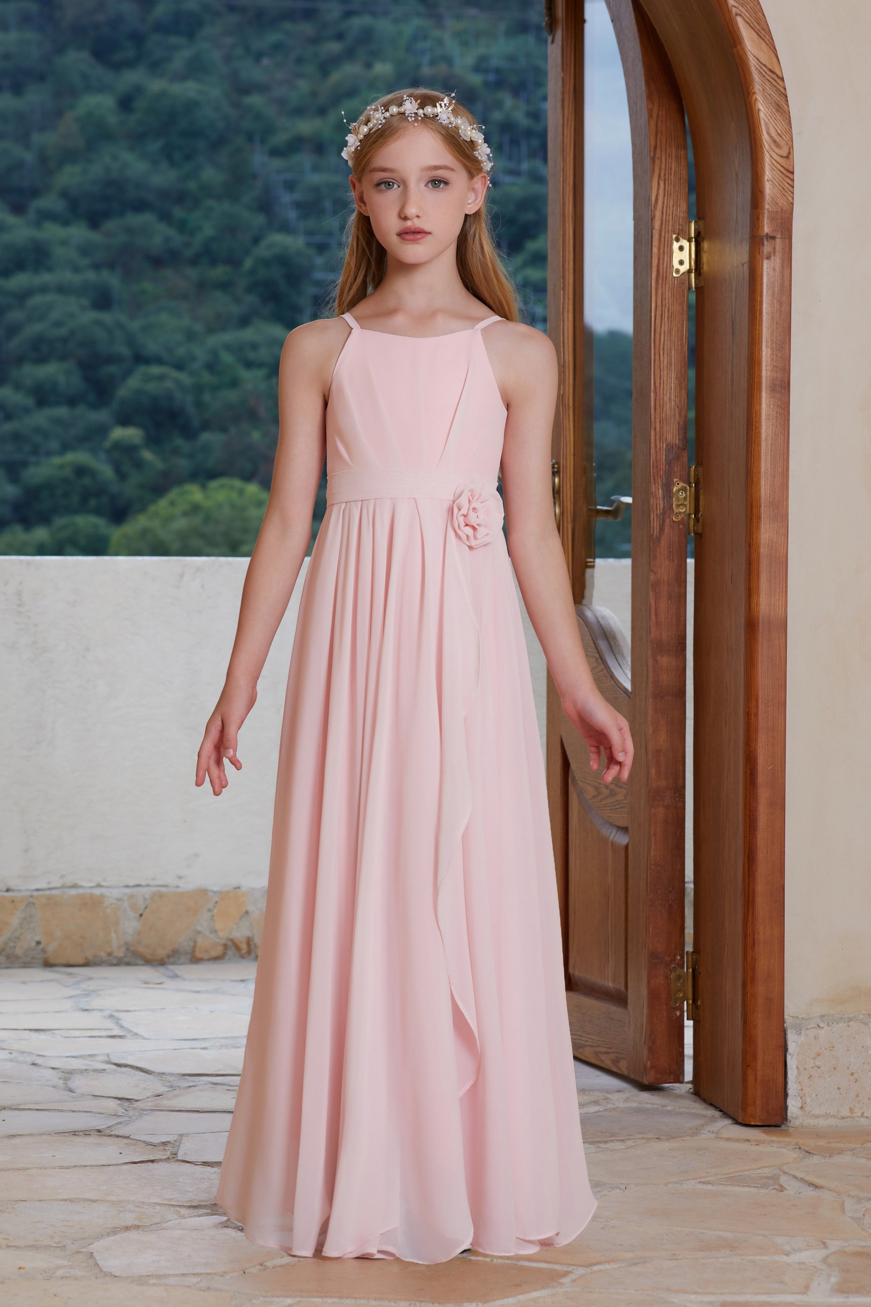 Pink Stylish Halter Chiffon Flower Girl Gown Dress