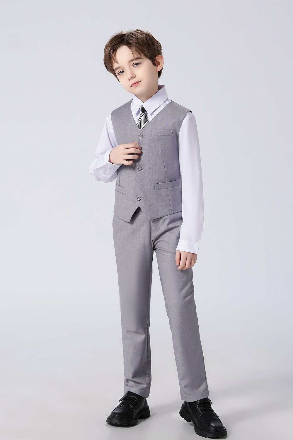 Light Grey Classic 4 Piece Boy's Formal Suits With Vest+Pants+Shirt+Tie