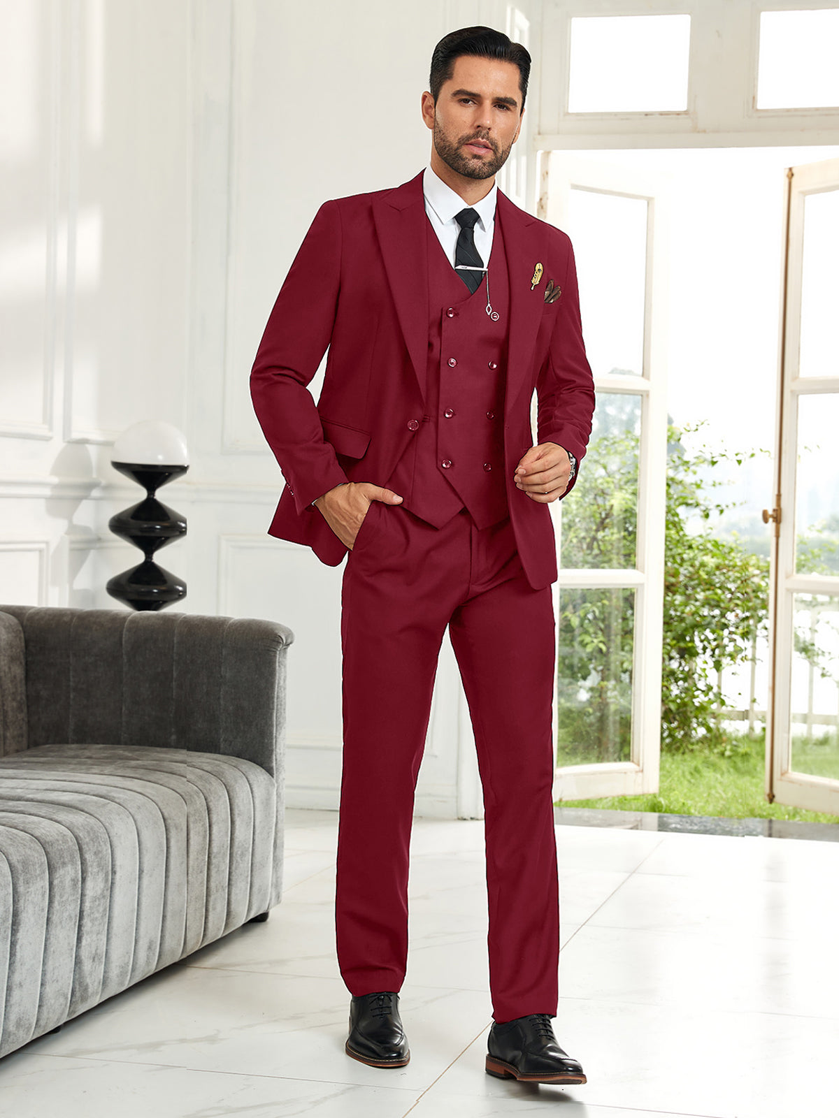 burgundy slim fit men's tuxedo – modern 3 piece suit for weddings and special occasions
