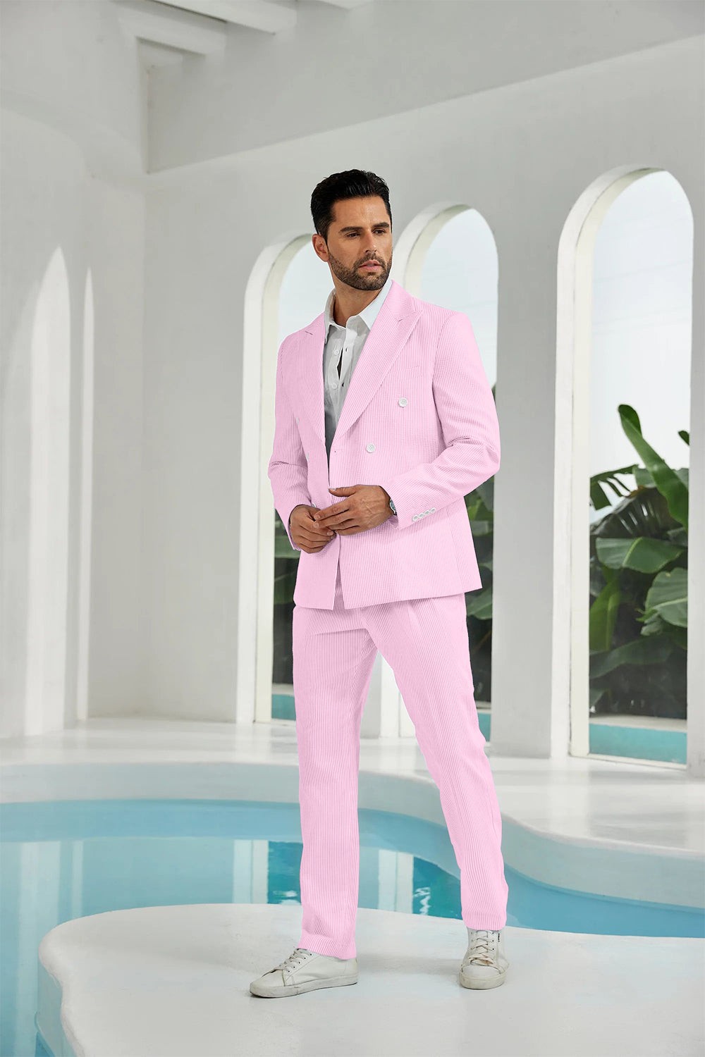 Seersucker Double Breasted Blazer Pants 2 Piece Men's Summer Suit