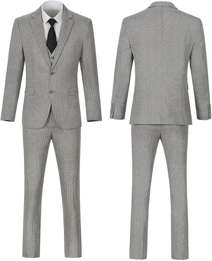 Retro Tweed Herringbone Slim Fit Notch Lapel Tuxedos Set Prom 3 Piece Men's Suit