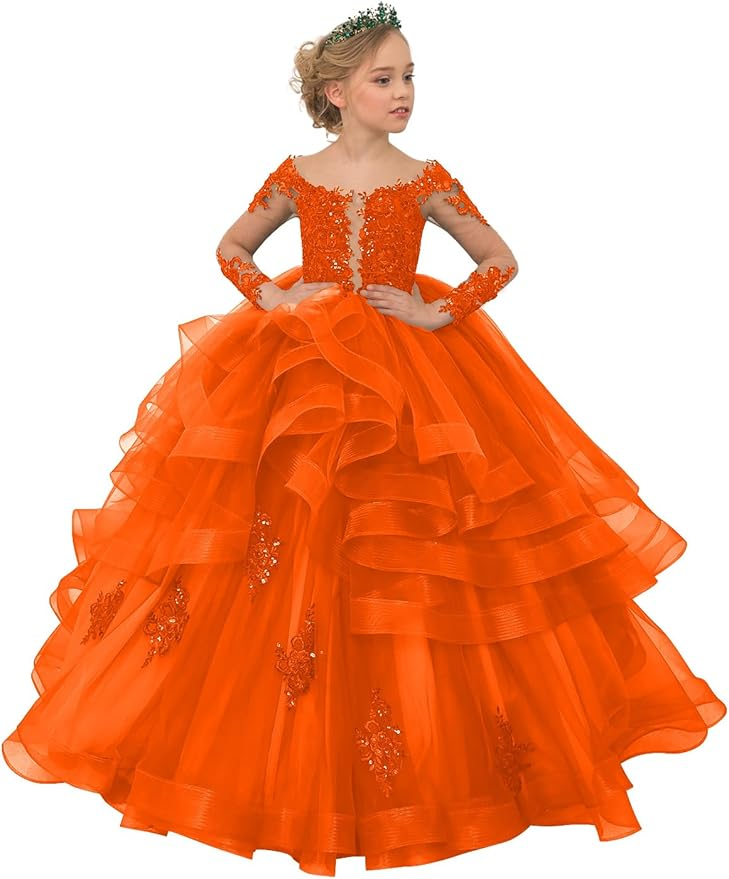 Long Sleeve Flower Girl Dresses Lace Applique Princess Ruffles Tulle Party Gown