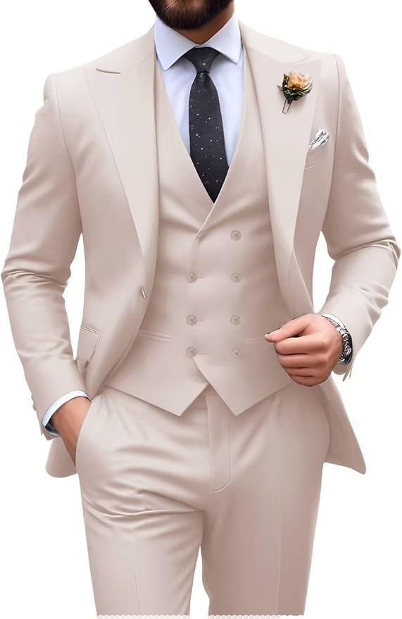 Men’s beige tuxedo set with tailored fit blazer, formal vest, and dress pants – ideal for casual weddings or prom