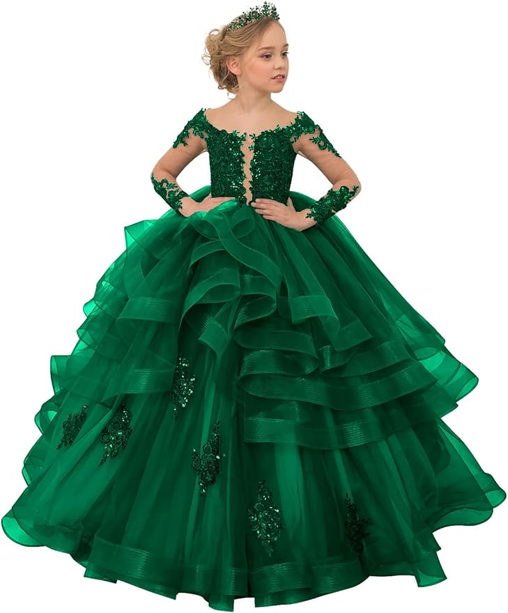 Long Sleeve Flower Girl Dresses Lace Applique Princess Ruffles Tulle Party Gown