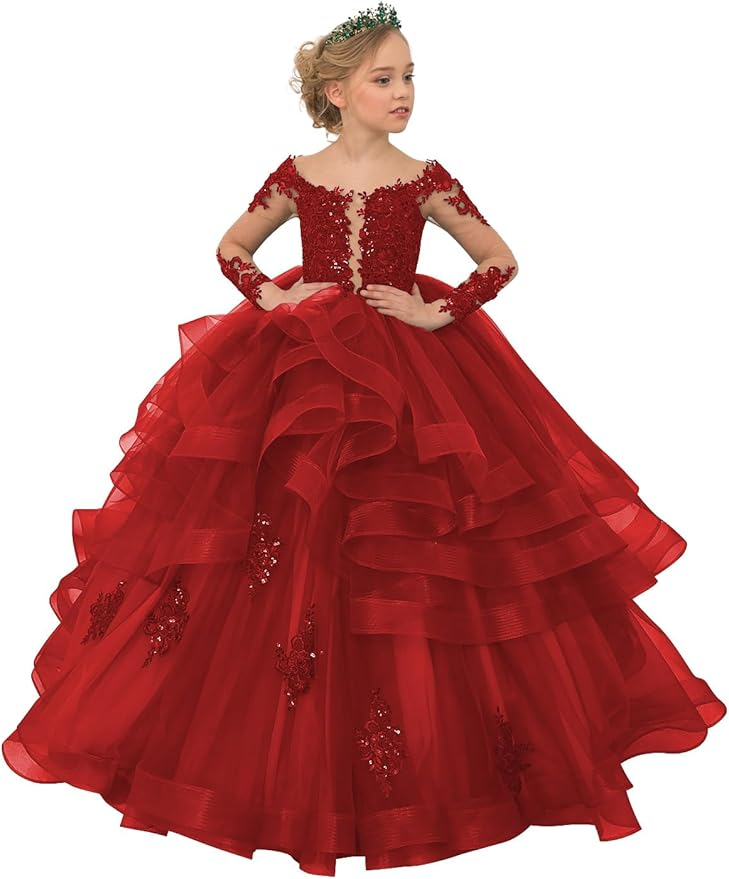 Long Sleeve Flower Girl Dresses Lace Applique Princess Ruffles Tulle Party Gown