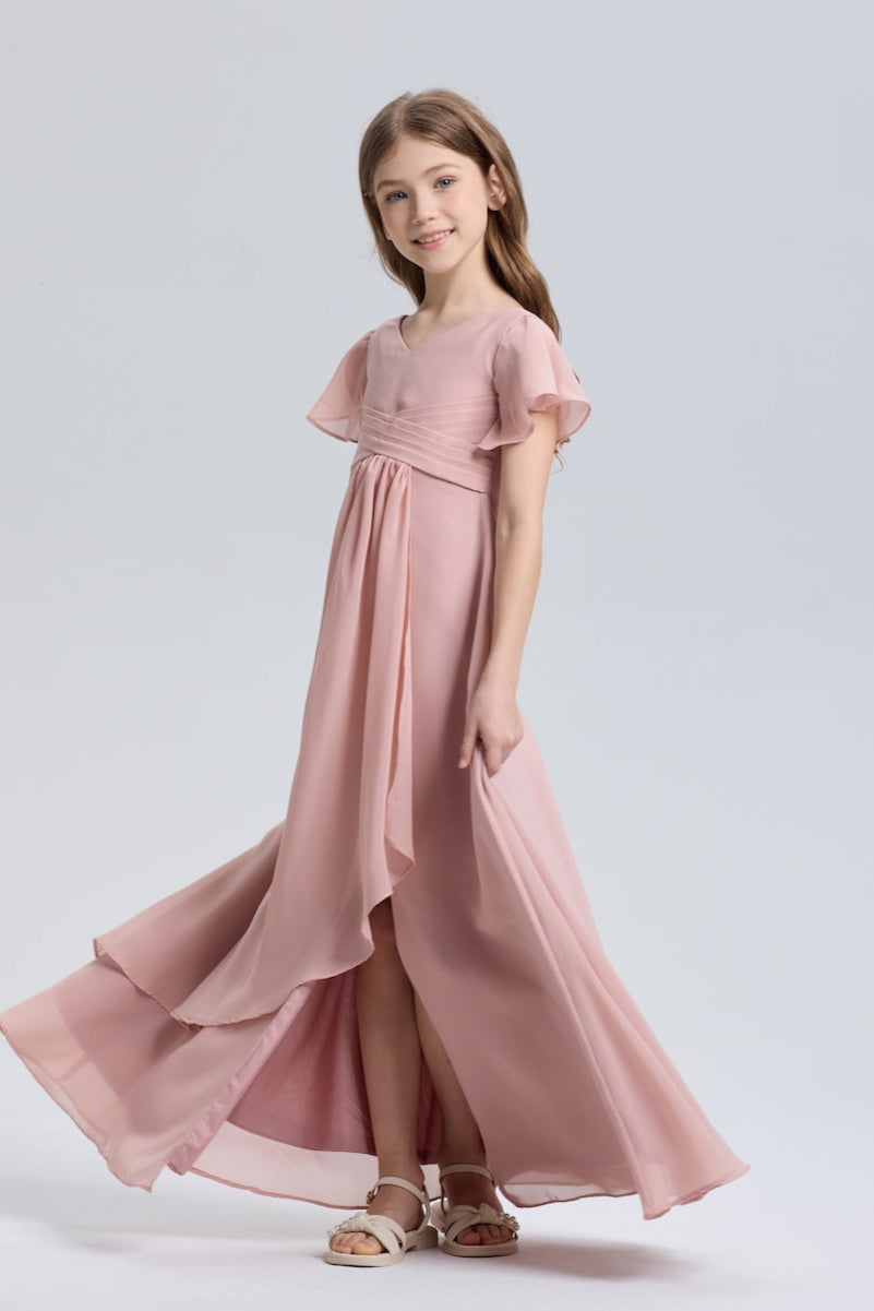 Elegant Ruffle V-Neck Slit Chiffon Flower Girl Dress