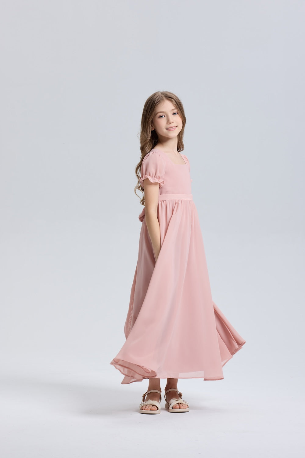 Lovely Bows Square Neck Chiffon Flower Girl Dress