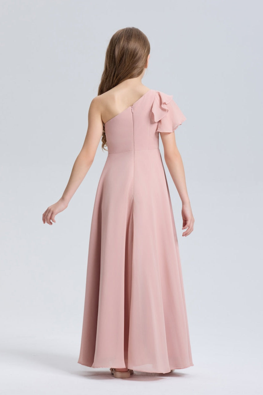 Back view of One-Shoulder Ruffle Chiffon Flower Girl Dress in soft pink, perfect for weddings and special occasions