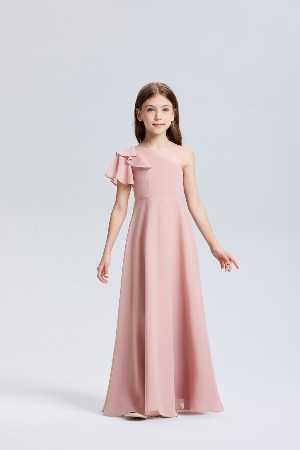 Wehilion One-Shoulder Ruffle Chiffon Flower Girl Dress in soft pink for special occasions