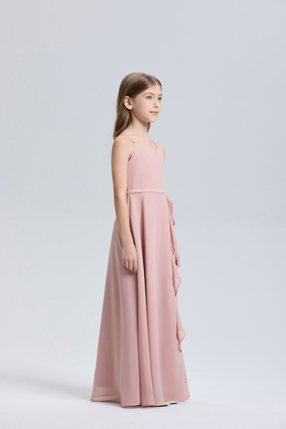 Wehilion ruffle chiffon dress for girls in soft pink with a flowing design