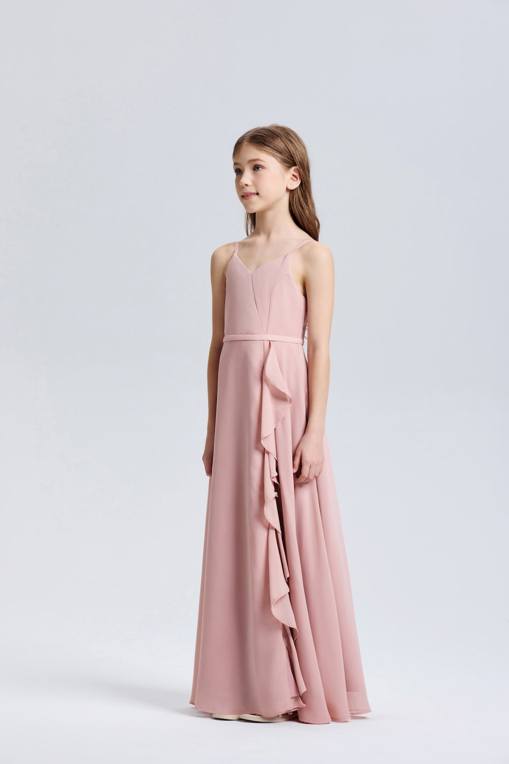 Wehilion ruffle chiffon dress in soft pink, perfect for special occasions and flower girl attire