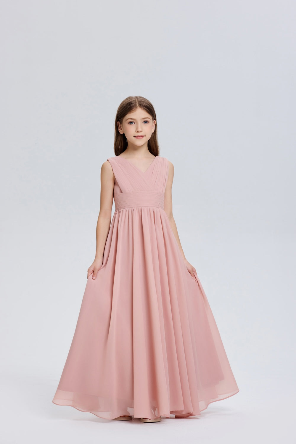 Stylish Sleeveless Ruched V-neck Chiffon Flower Girl Dress
