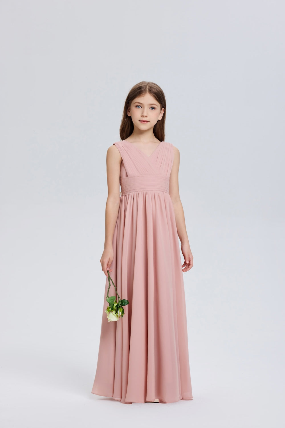 Stylish Sleeveless Ruched V-neck Chiffon Flower Girl Dress