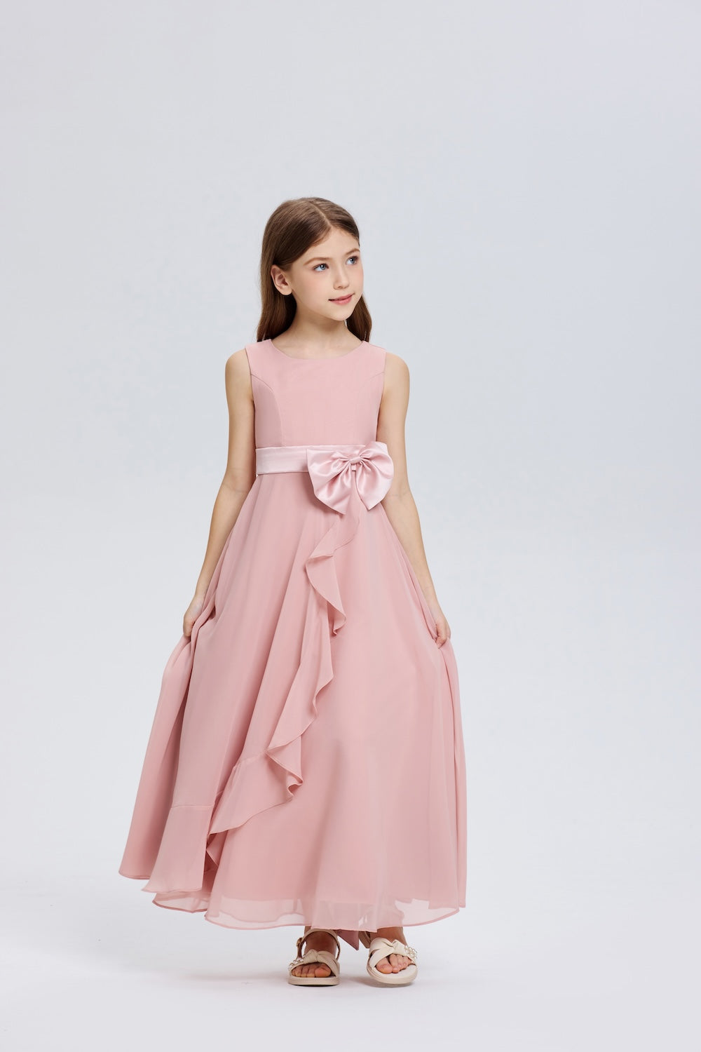 Dreamy Bows Sleeveless Ruched Chiffon Flower Girl Dress