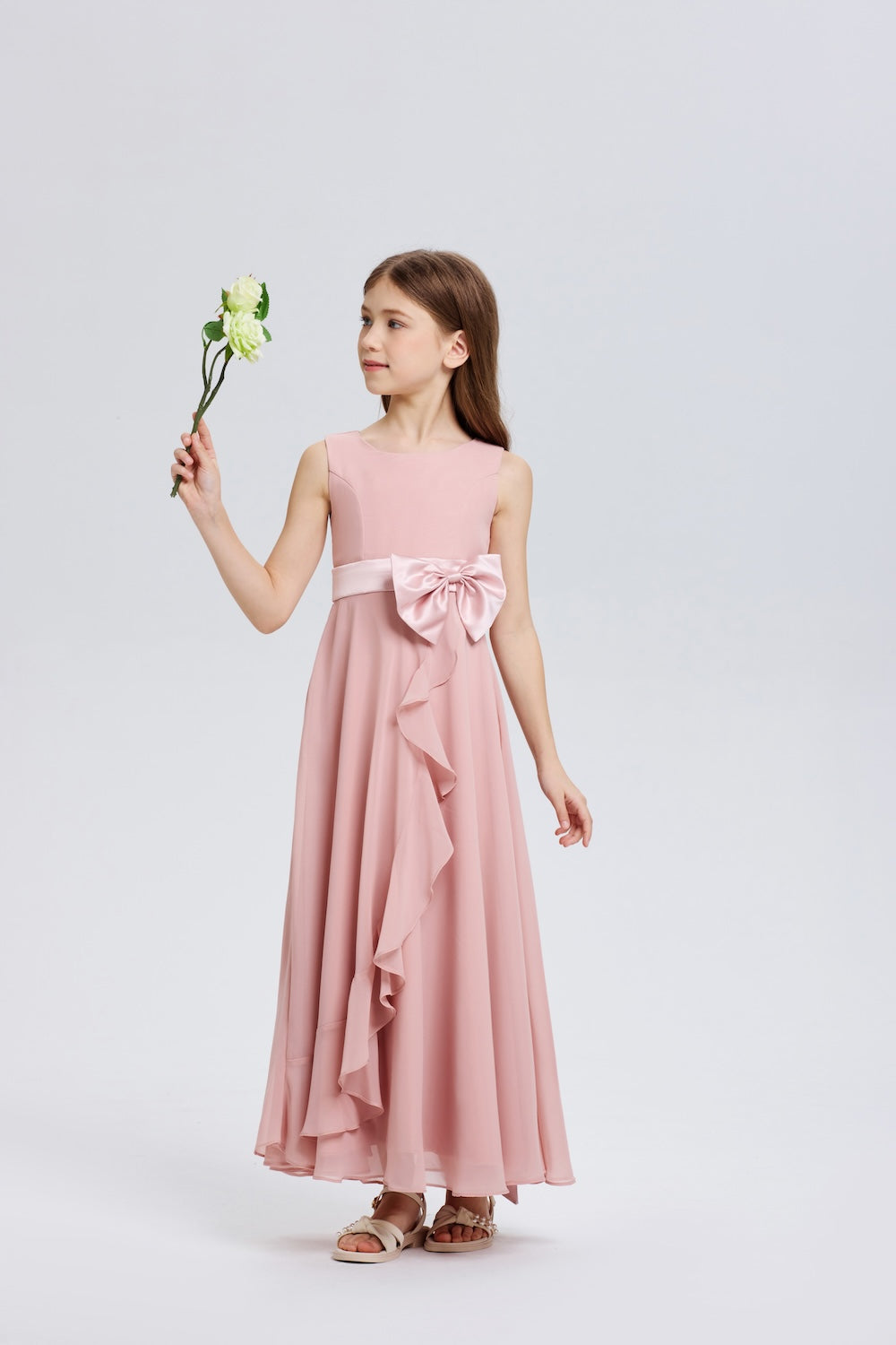 Dreamy Bows Sleeveless Ruched Chiffon Flower Girl Dress