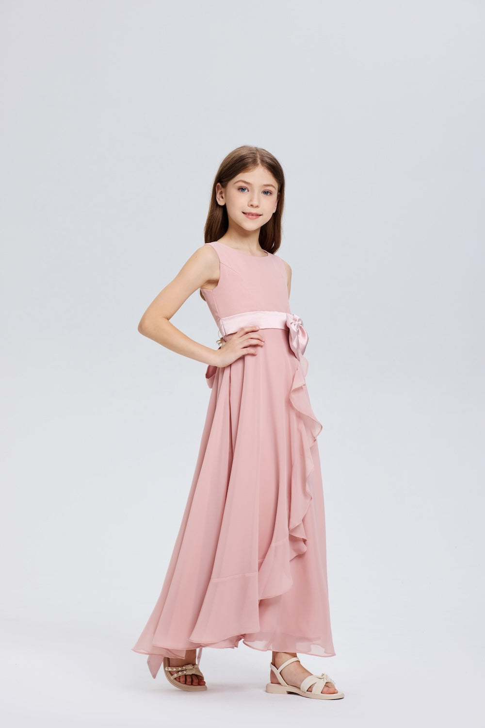 Dreamy Bows Sleeveless Ruched Chiffon Flower Girl Dress