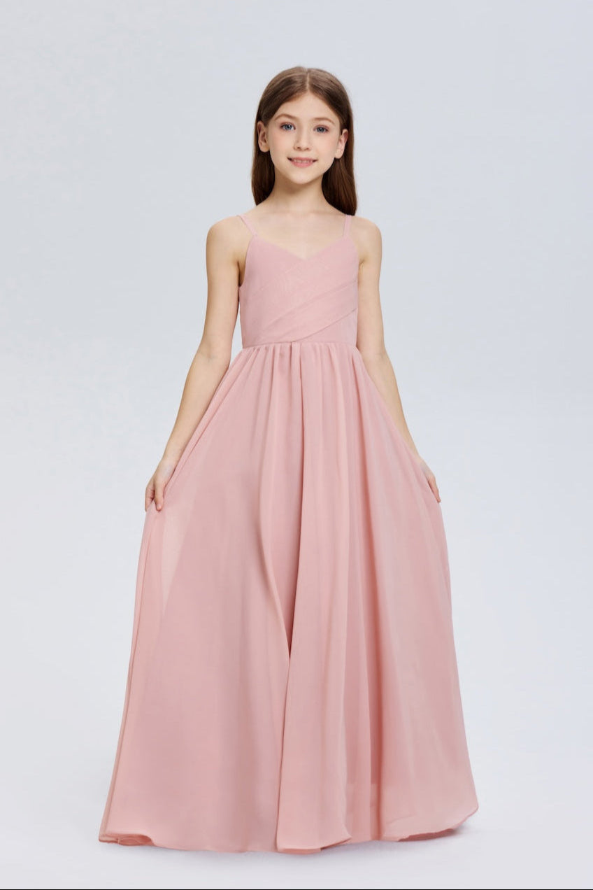 V-neck chiffon flower girl dress in soft pink with elegant A-line silhouette and adjustable straps