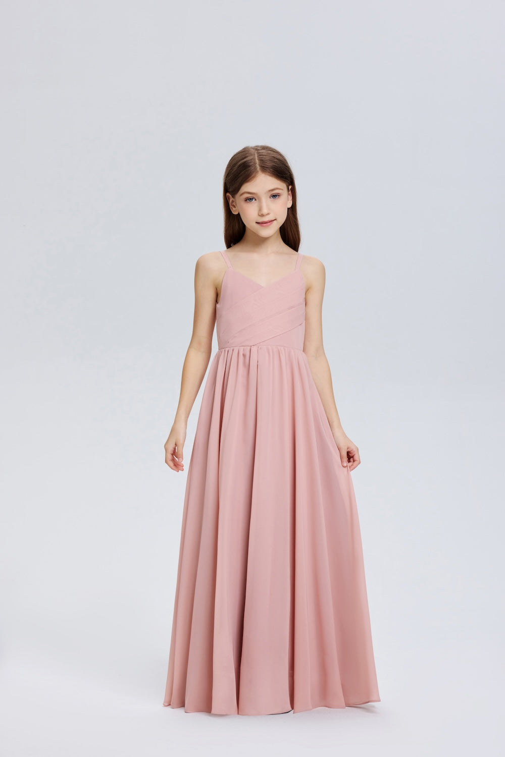 Wehilion V-neck chiffon flower girl dress in soft pink with a flowing skirt for special occasions